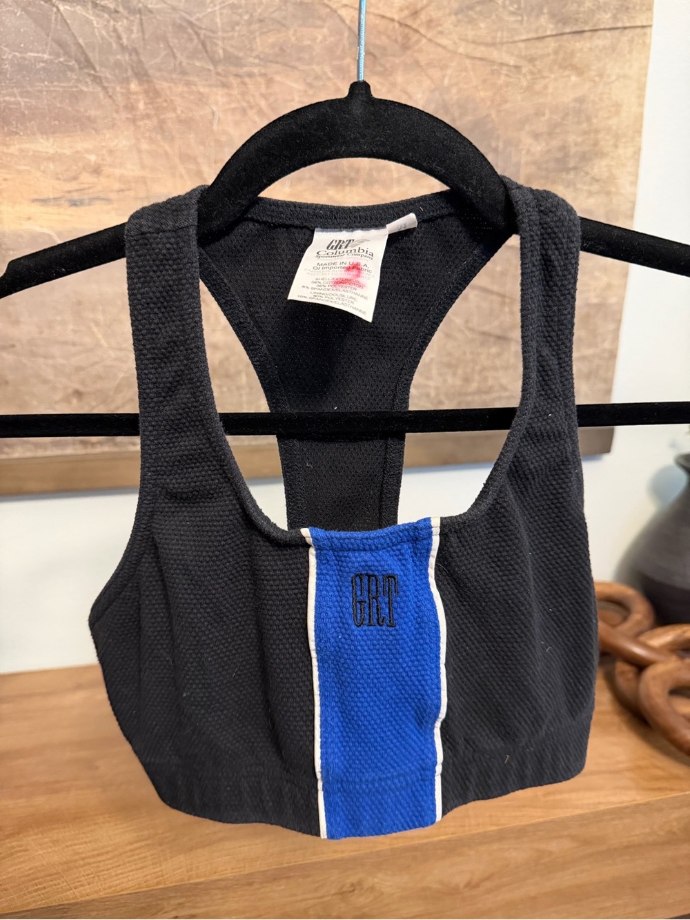 Vintage Columbia Sportswear black & blue sports bra with white trim, size M